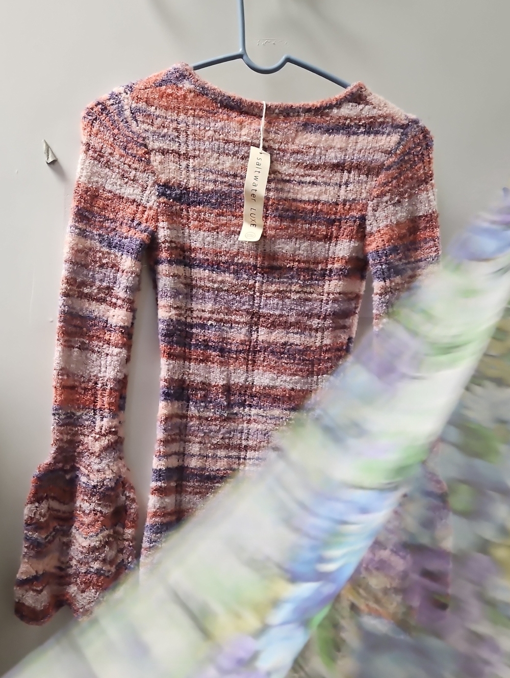 saltwater LUXE Striped Bell-Sleeve Crewneck Sweater in Pink, Purple, Rust